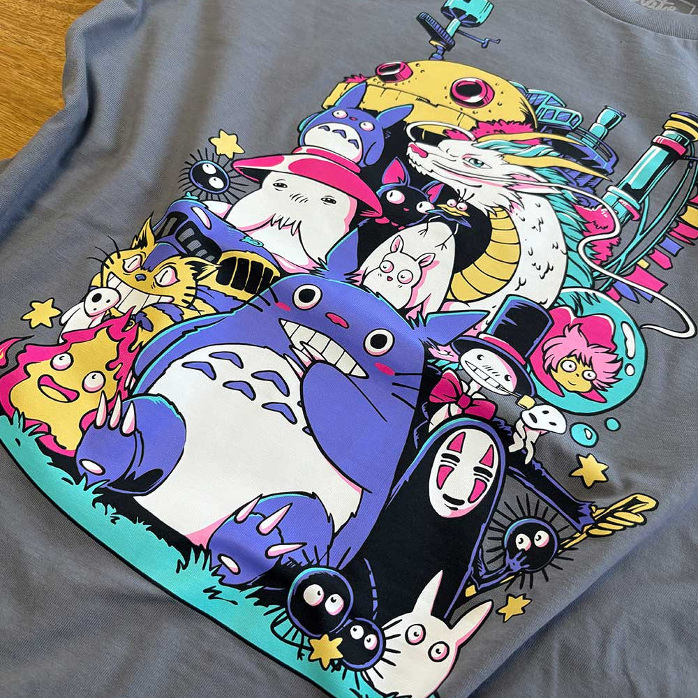 Gray t-shirt with colourful Studio Ghibli character design