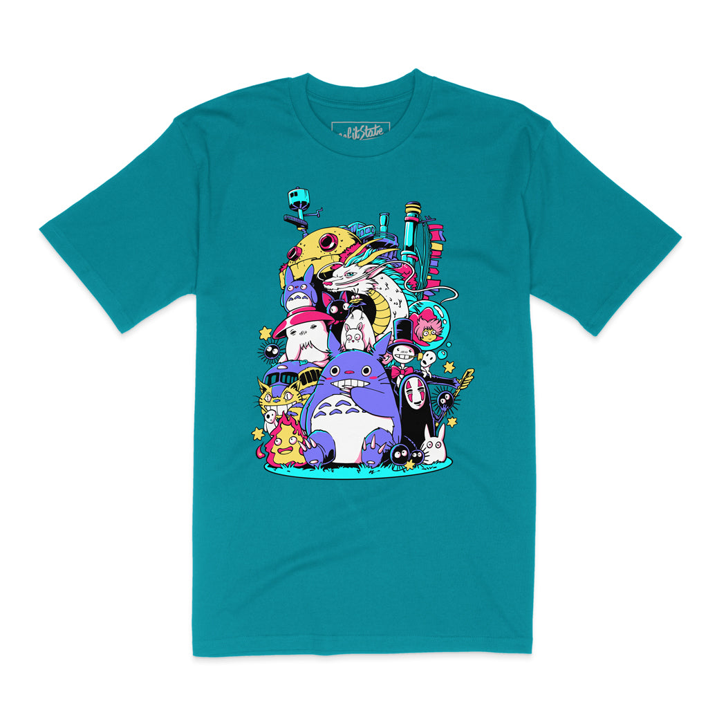 Teal t-shirt with colorful Stuido Ghiblic graphic on a white